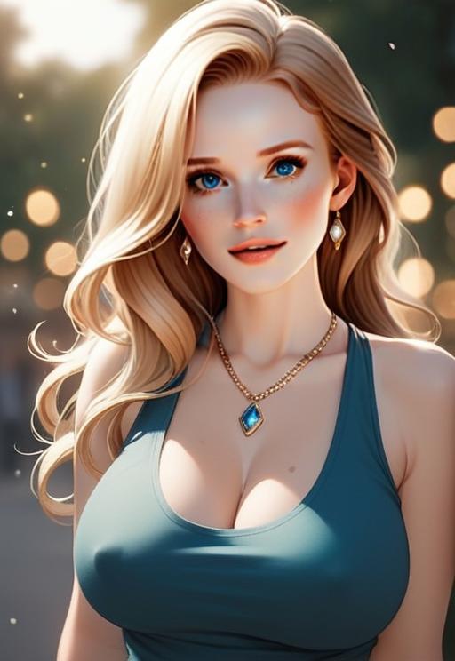 Photorealistic Digital Portrait of Blonde Woman with Blue Eyes Wearing Teal Tank Top