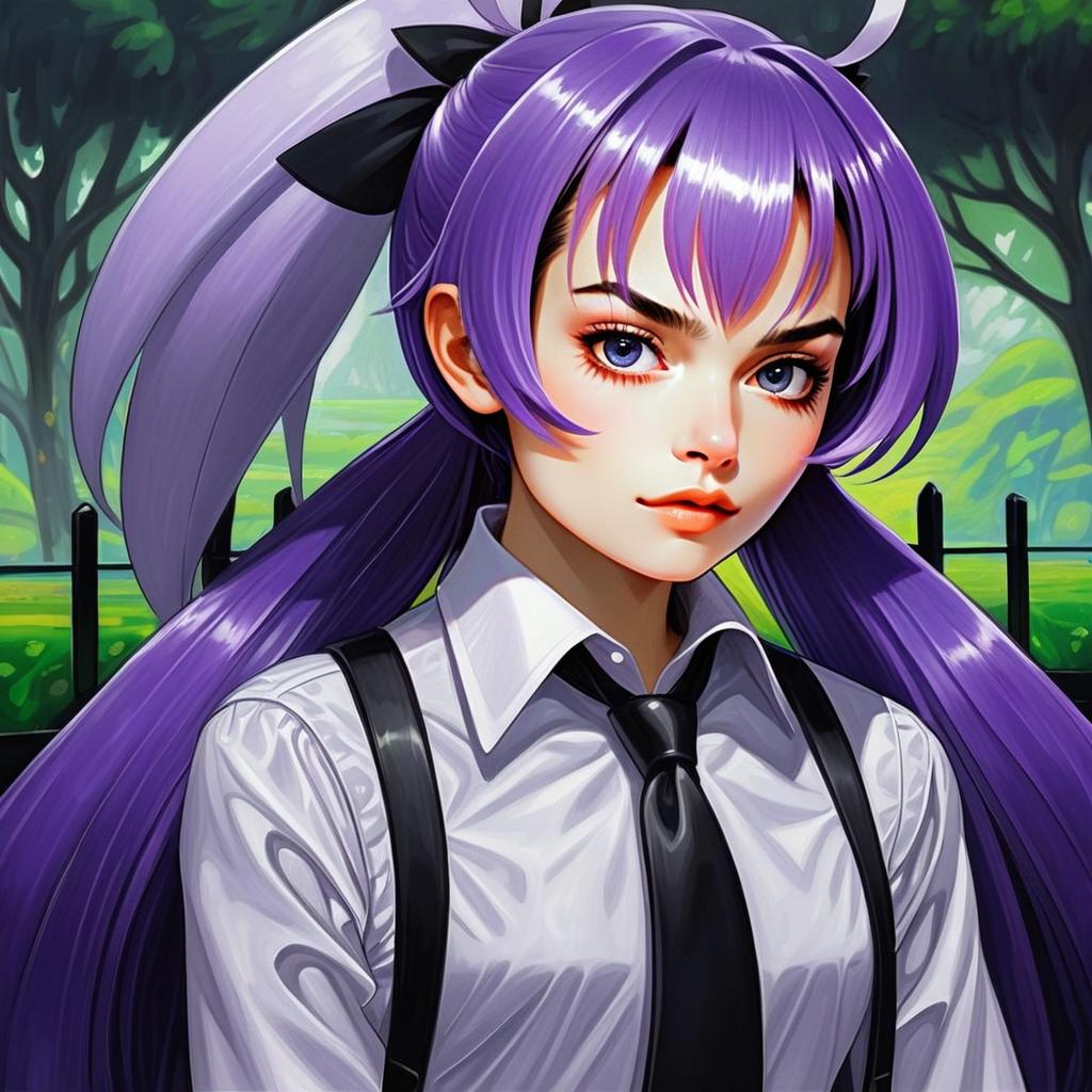 Anime Style Woman with Long Purple Hair and Black Tie Portrait