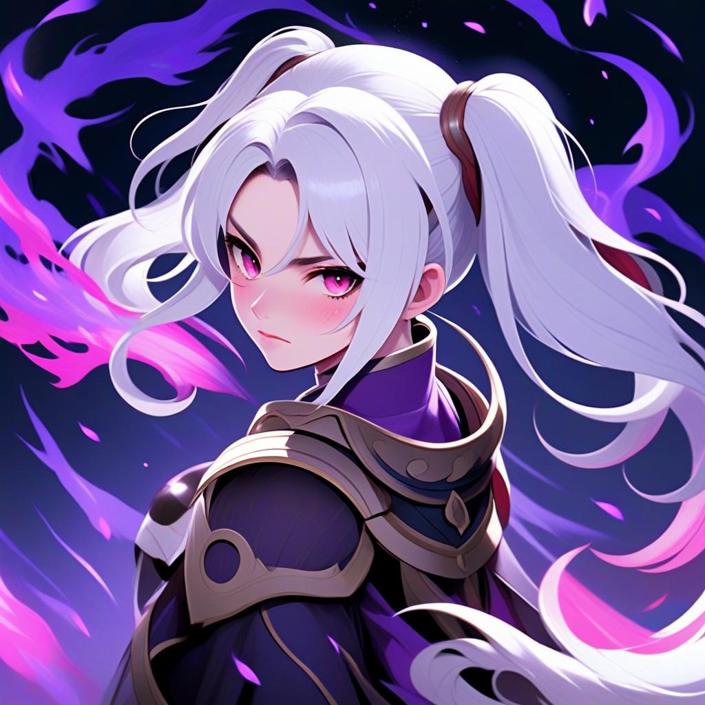 Grima Inspired Fire Emblem Anime Character with White Hair and Purple Flames
