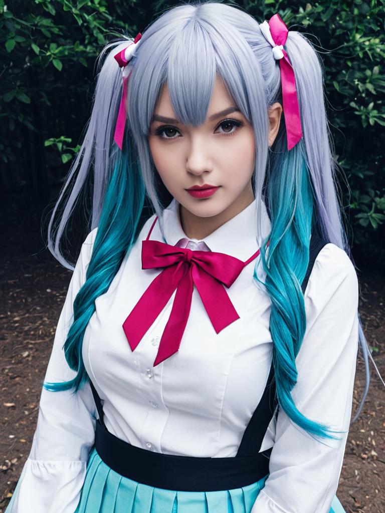 Cosplay of Hatsune Miku with Silver and Teal Twin Tails in Anime Style