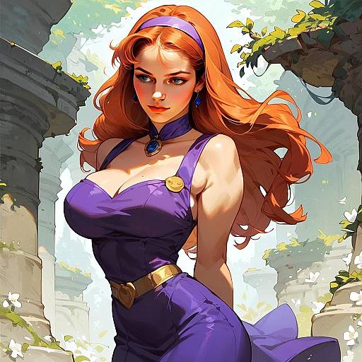 Digital Artwork of Woman in Purple Dress Among Ancient Ruins