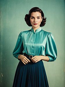 Vintage Style Woman in Teal Satin Blouse and Pleated Skirt