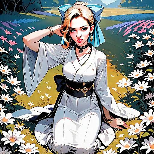 Elegant Woman in Modern Kimono Amid Daisy Field - Anime Style Illustration