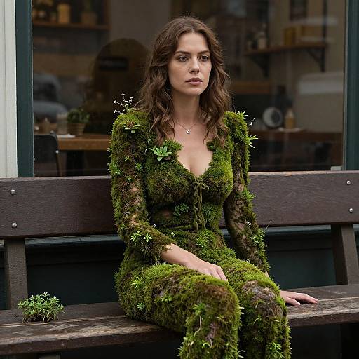 Woman Wearing Moss Covered Dress Sitting on Bench