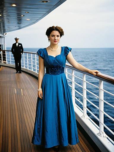 Woman in Vintage Blue Formal Dress Standing on Cruise Ship Deck