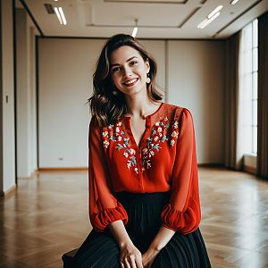 Young Woman in Red Blouse and Black Skirt