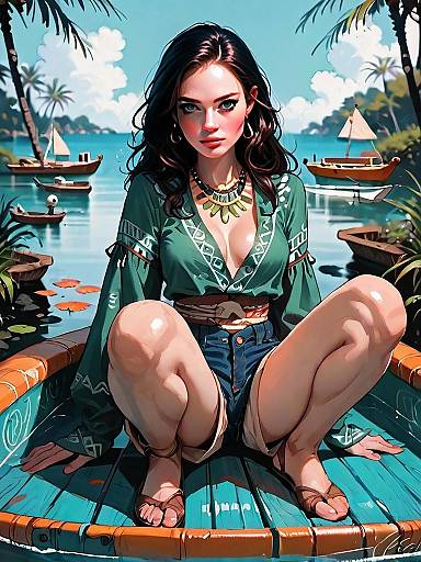 Realistic Comic-Style Woman in Boat by Tropical Water