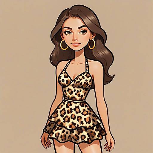 Woman in Leopard Print Dress with Pretty Hair and Smile Digital Illustration