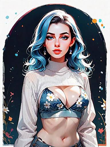 Realistic Digital Portrait of Woman in Deep Navy Blue Floral Bikini Top