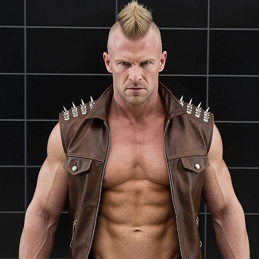 Muscular Man with Mohawk and Spiked Brown Leather Vest