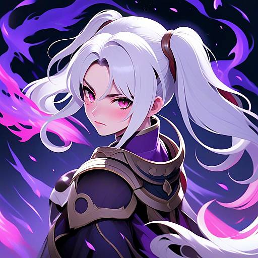 Grima Inspired Fire Emblem Anime Character with White Hair and Purple Flames