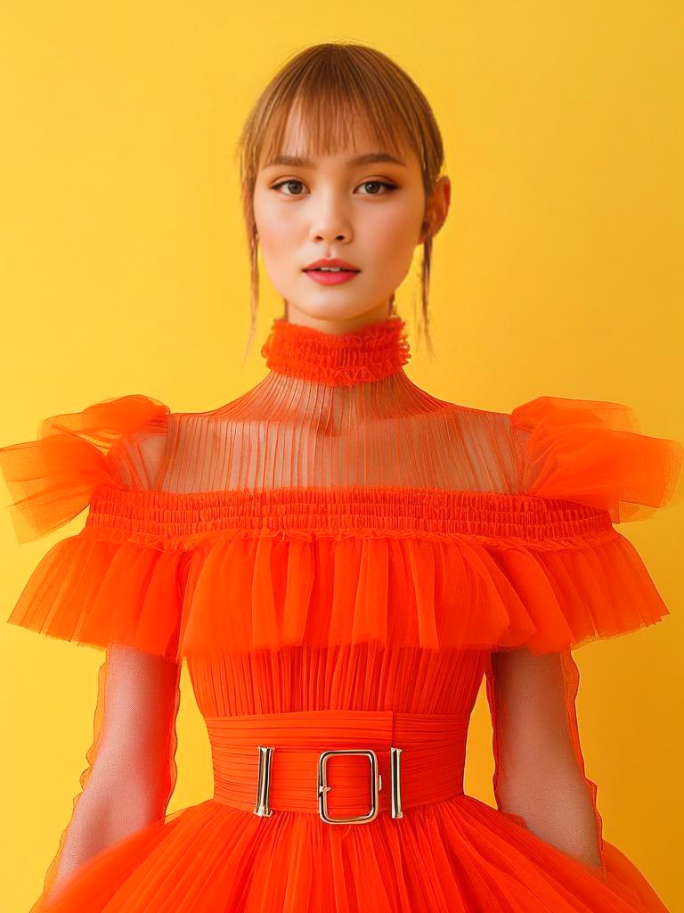 Woman in Orange Dress Against Yellow Background