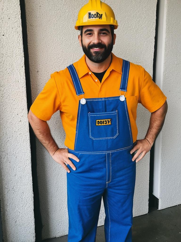 Man in Bob Builder Costume with Yellow Hard Hat and Blue Overalls