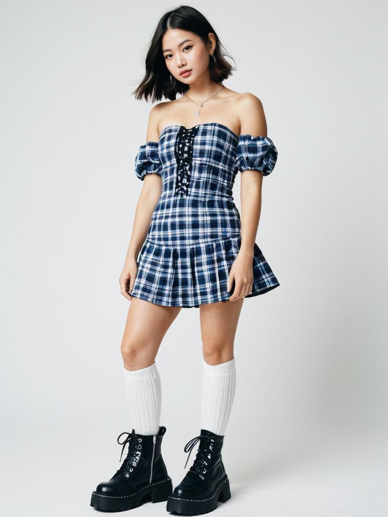 Woman in Contemporary Street Style Blue Plaid Strapless Mini Dress with Knee High Socks and Combat Boots