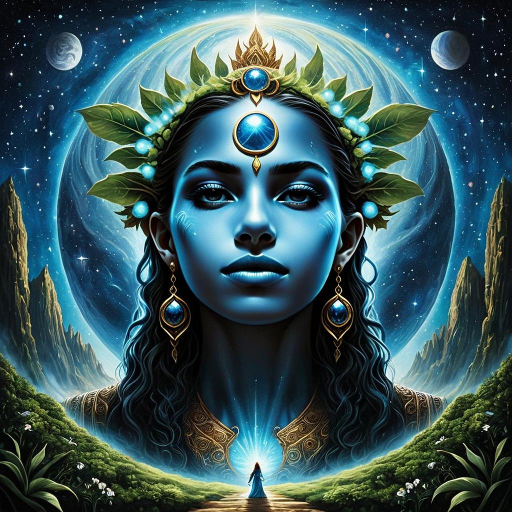 Fantasy Blue-Skinned Woman with Cosmic Crown Digital Art