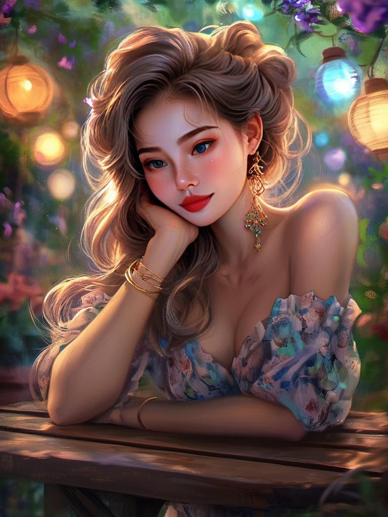Digital Portrait of a Thoughtful Young Woman with Lanterns