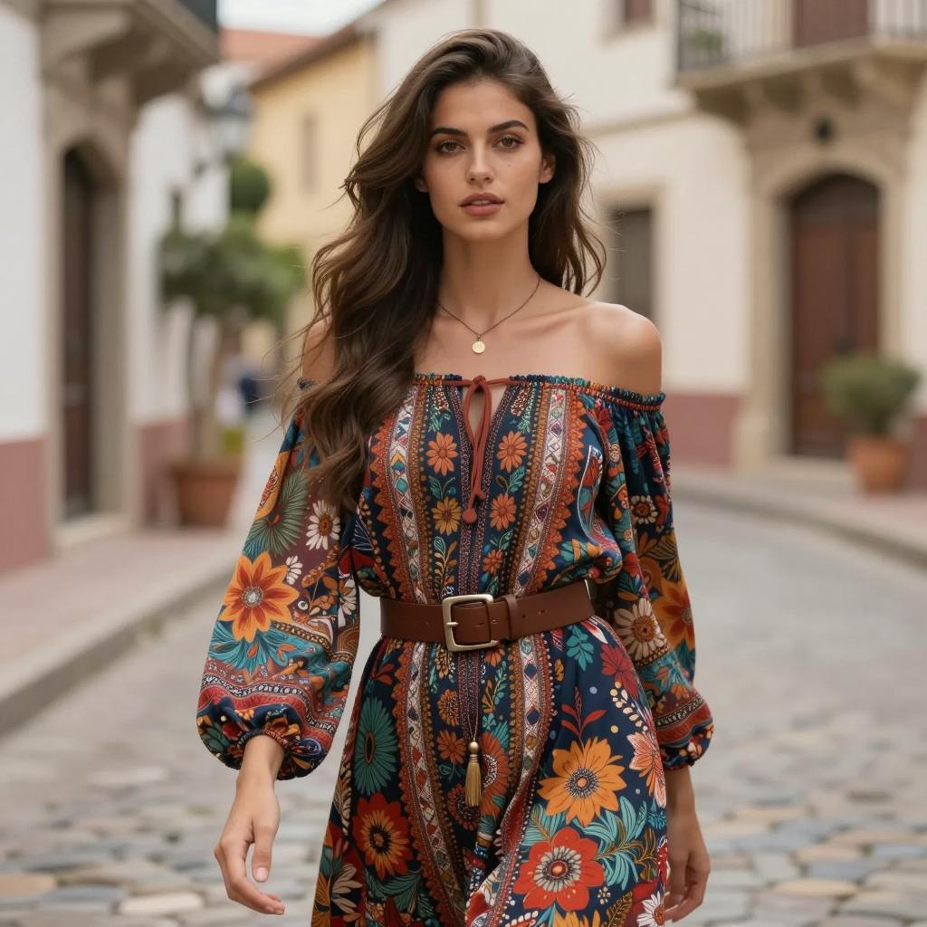 Woman in Bohemian Floral Dress Walking on Cobblestone Street