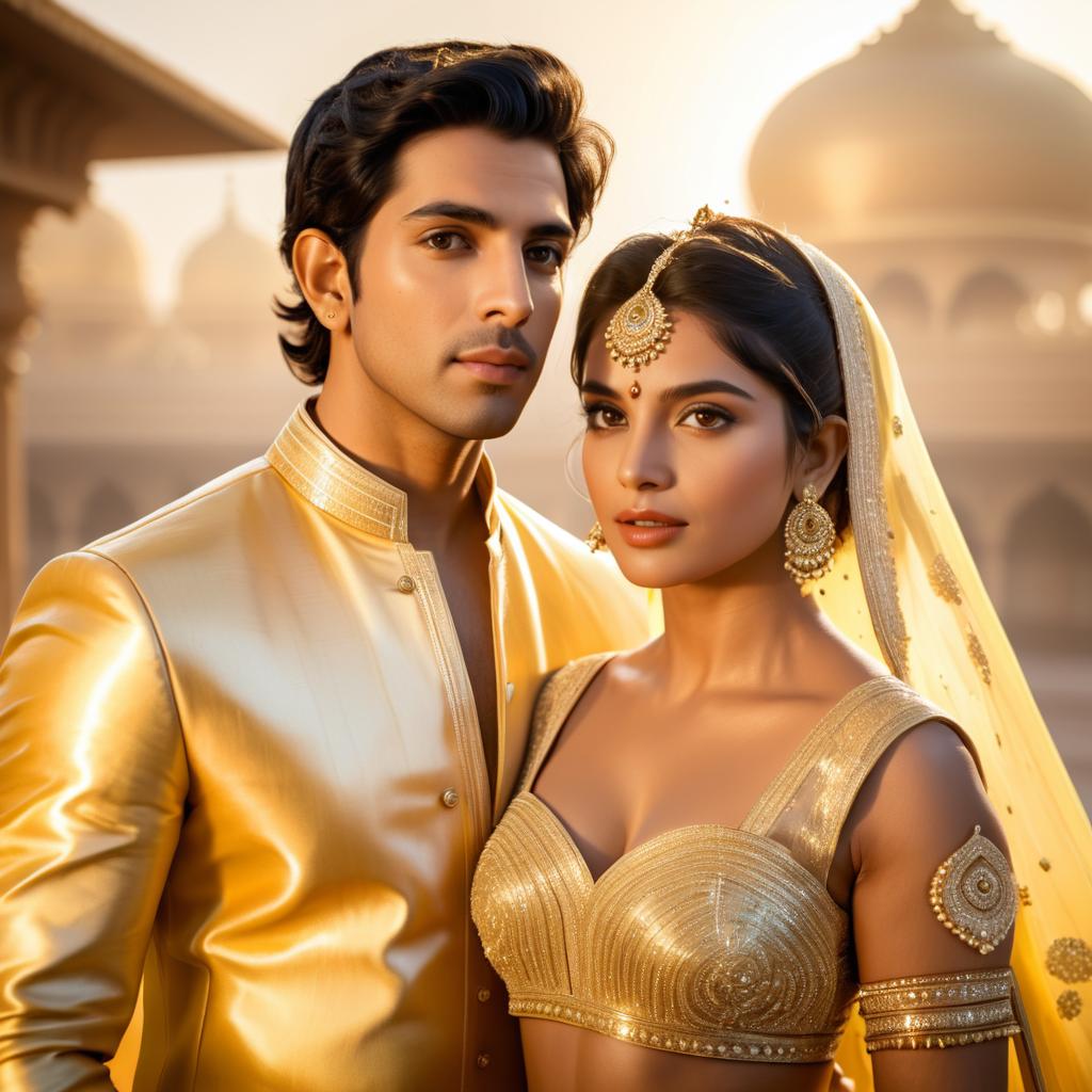 Couple in Traditional Attire with Golden Designs