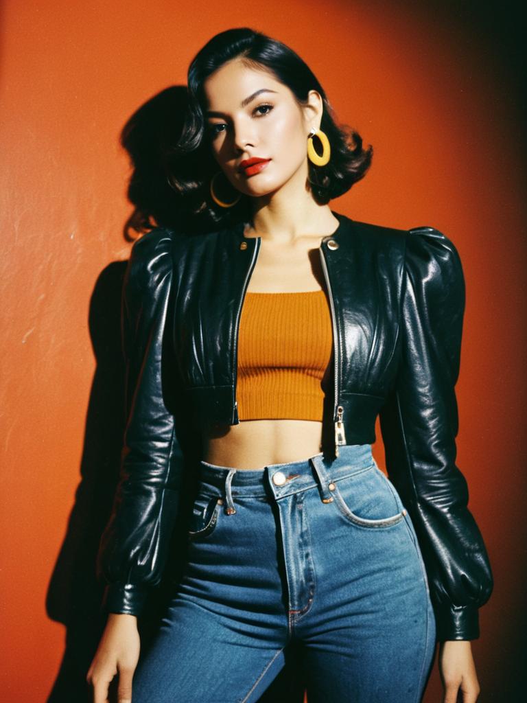 Woman in Modern Streetwear Cropped Black Leather Jacket with Puff Sleeves and High Waist Jeans
