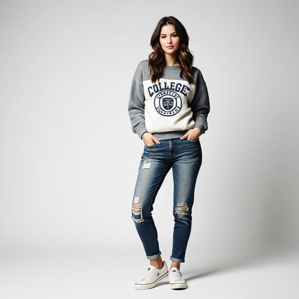 Young Woman in Casual College Sweatshirt and Distressed Jeans