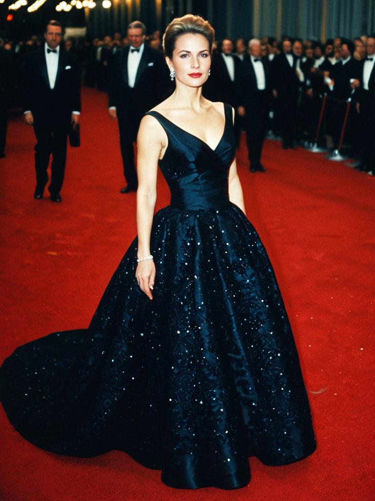 Elegant Woman in Black Sparkling Ball Gown on Red Carpet Gala