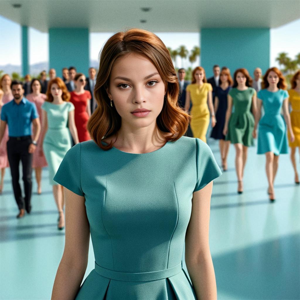 Confident Woman in Teal Dress Leading Diverse Group