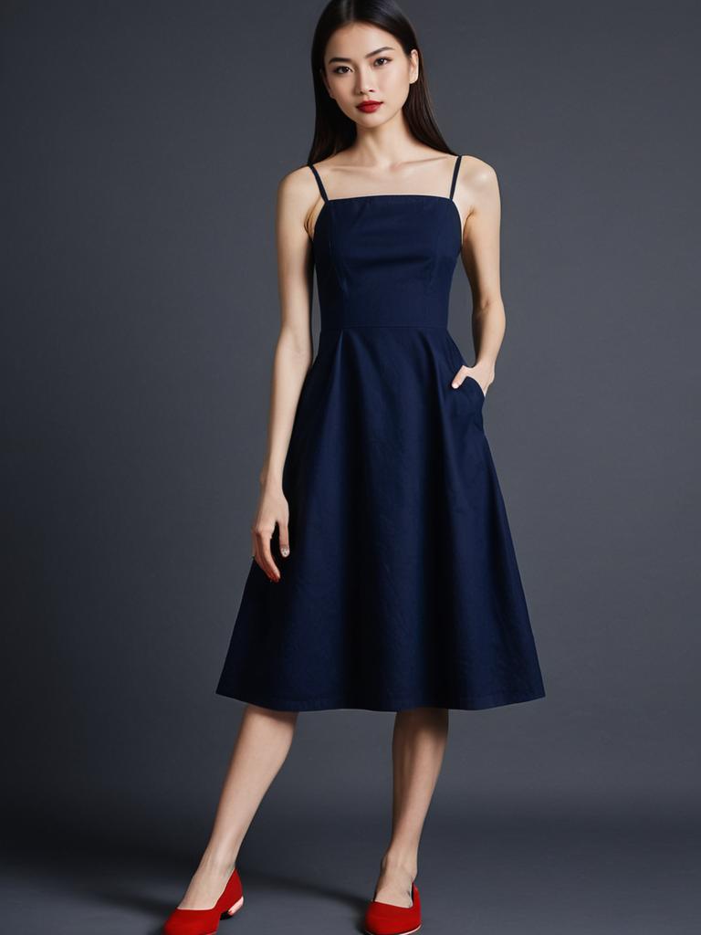 Elegant Woman in Navy Blue Midi Dress with Red Shoes