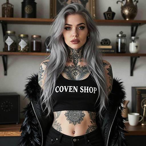 Tattooed Woman with Silver Hair Wearing Coven Shop Crop Top in Modern Edgy Style