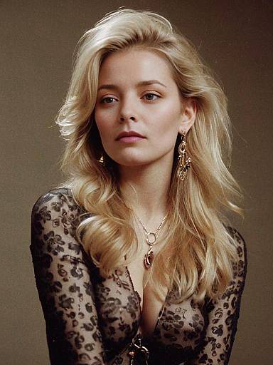Elegant Blonde Woman in Sheer Black Lace Top with Gold Jewelry