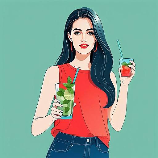 Confident Woman Holding Refreshing Summer Cocktails Digital Illustration