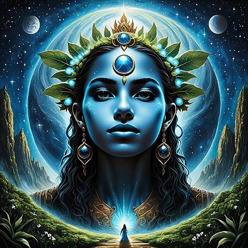 Fantasy Blue-Skinned Woman with Cosmic Crown Digital Art