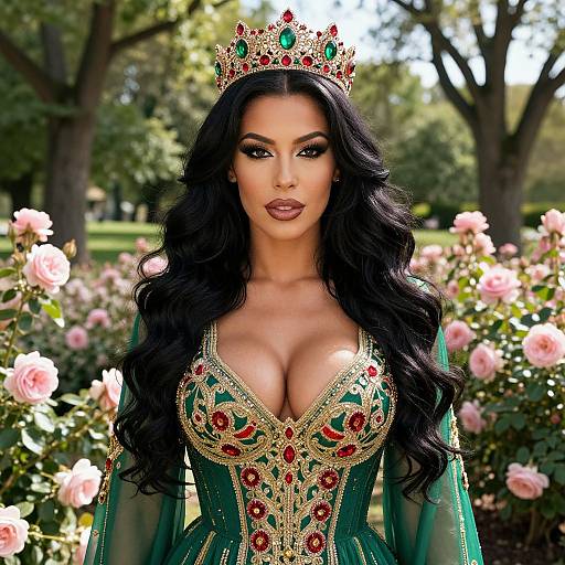 Regal Woman in Embroidered Emerald Gown with Jeweled Crown in Rose Garden