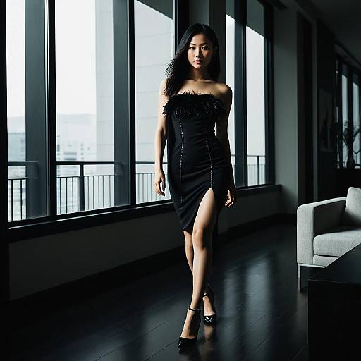 Elegant Woman in Black Strapless Dress with Feather Detailing Walking Indoors
