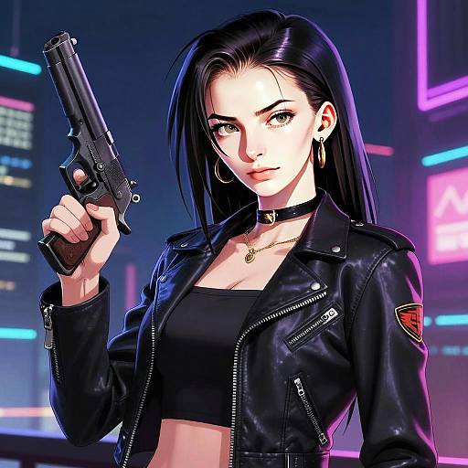Cyberpunk Woman Holding Handgun in Neon Cityscape Digital Art