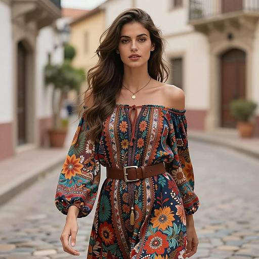Woman in Bohemian Floral Dress Walking on Cobblestone Street