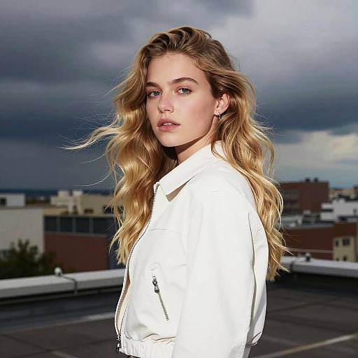 Blonde Woman in White Jacket on Rooftop with Cloudy Sky