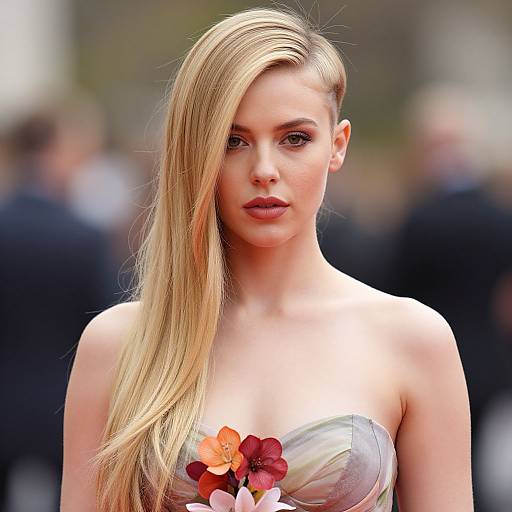 Blonde Woman in Strapless Floral Dress with Sleek Hair