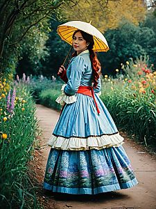 Woman in Realistic Monet-Inspired Cosplay Costume Holding Yellow Parasol in Garden