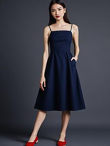 Elegant Woman in Navy Blue Midi Dress with Red Shoes