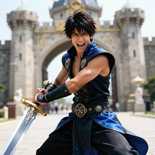Fantasy Warrior Cosplay with Sword in Front of Castle Gate