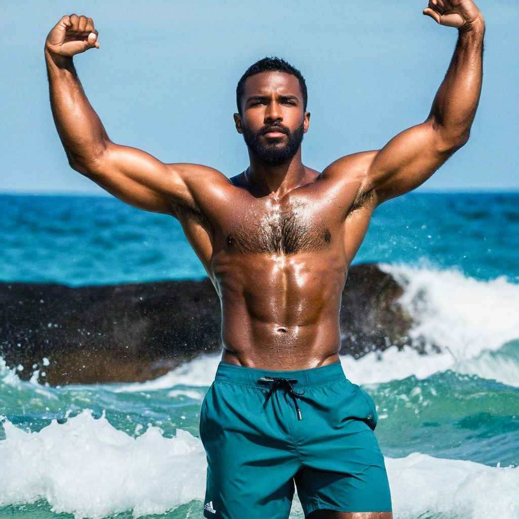 Muscular Man Flexing in Ocean Waves