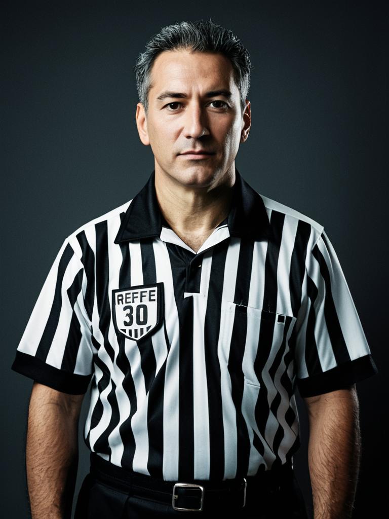 Photorealistic Portrait of Man in Referee Costume with Striped Shirt