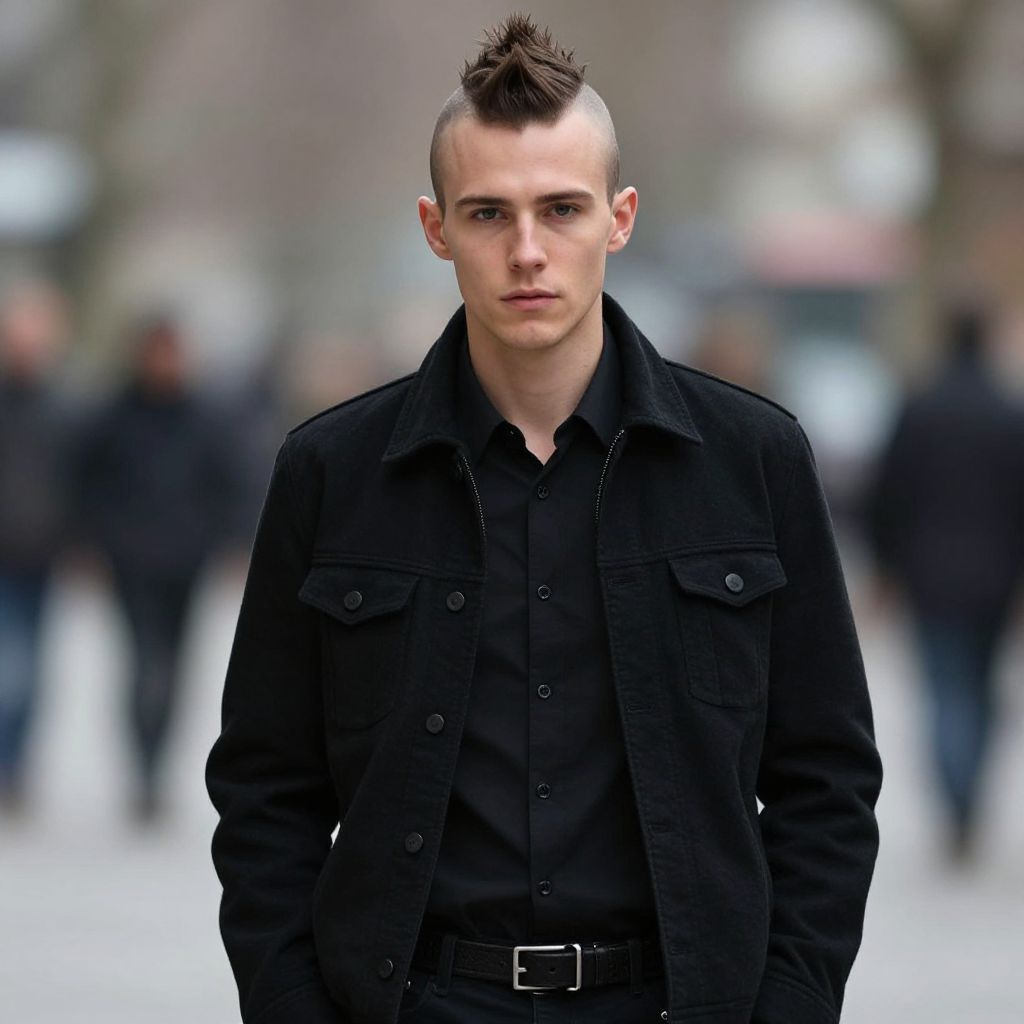 Young Man With Mohawk Hairstyle in Black Jacket Urban Portrait