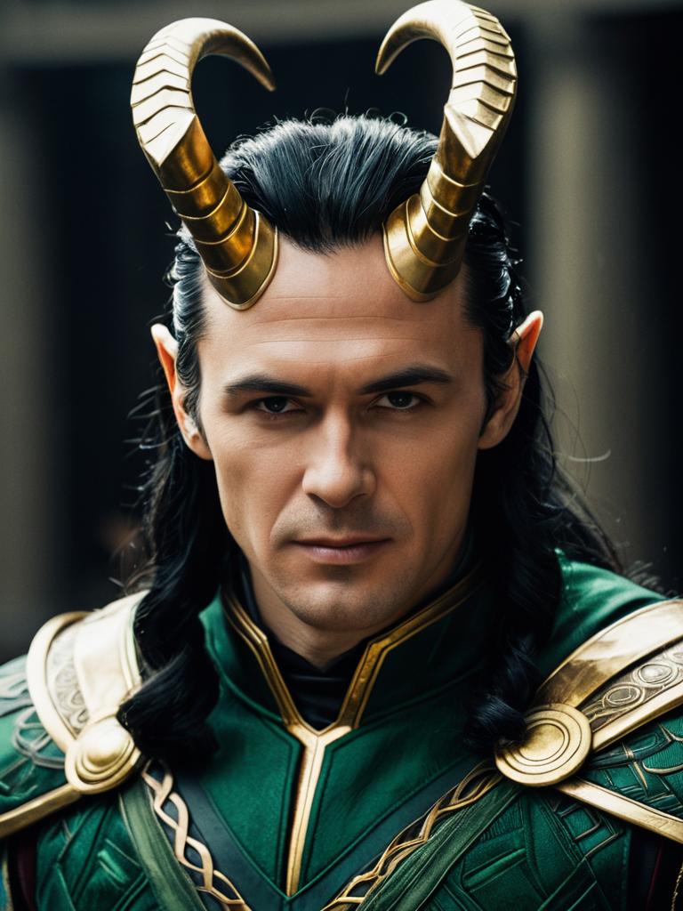 Man in Classic Loki Costume Close-Up Headshot with Golden Horns
