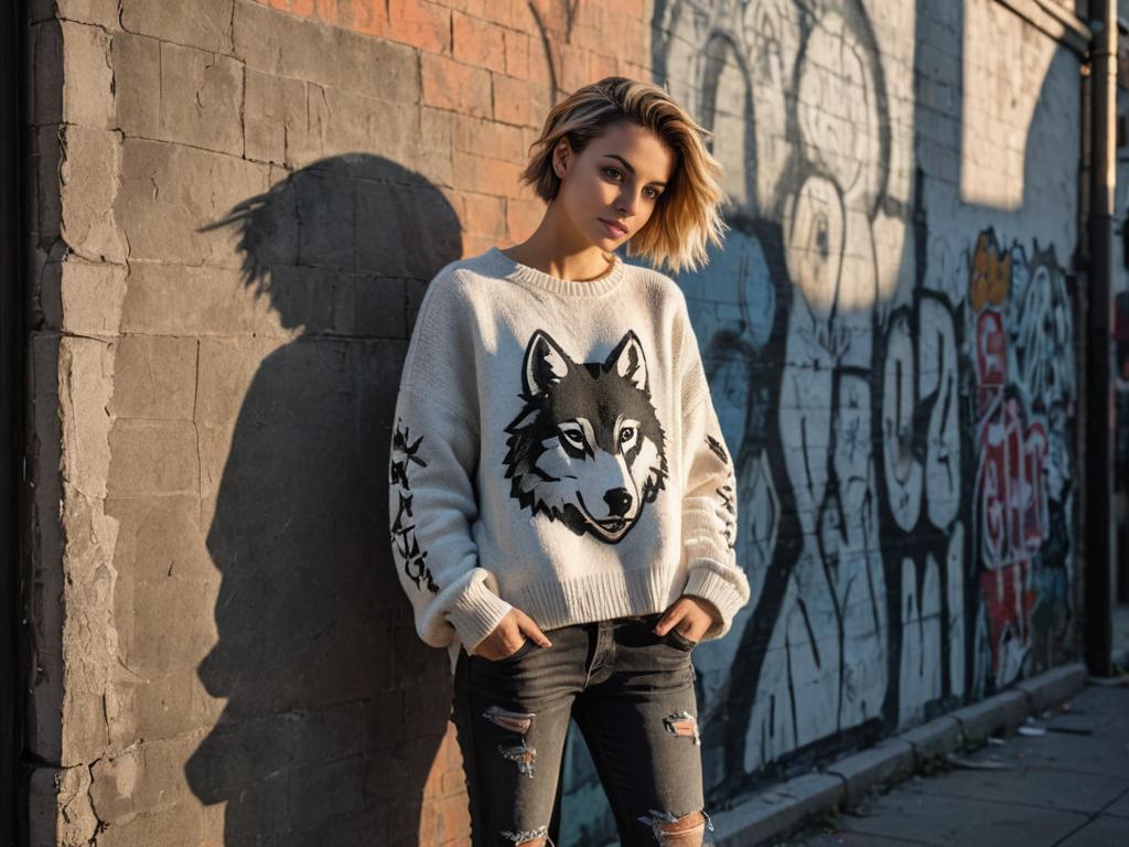 Woman with Wolf Cut Hairstyle in Stylish Sweater Against Graffiti