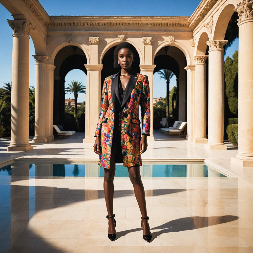 Confident Woman in Floral Blazer Dress at Mediterranean Villa Confident Woman in Floral Blazer Dress at Mediterranean Villa