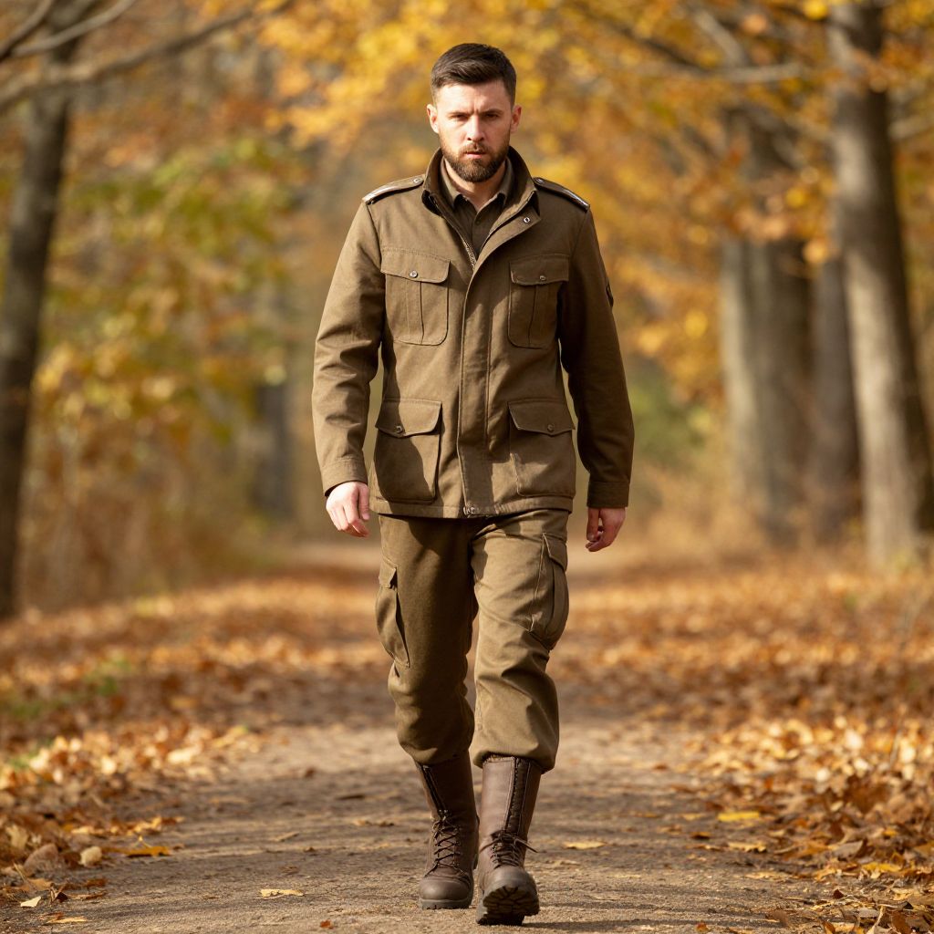 Man in Military-Style Outfit Walking on Autumn Forest Path