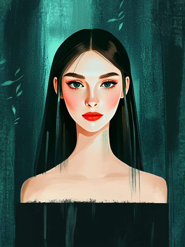Digital Portrait of Woman with Black Hair and Blue-Green Eyes