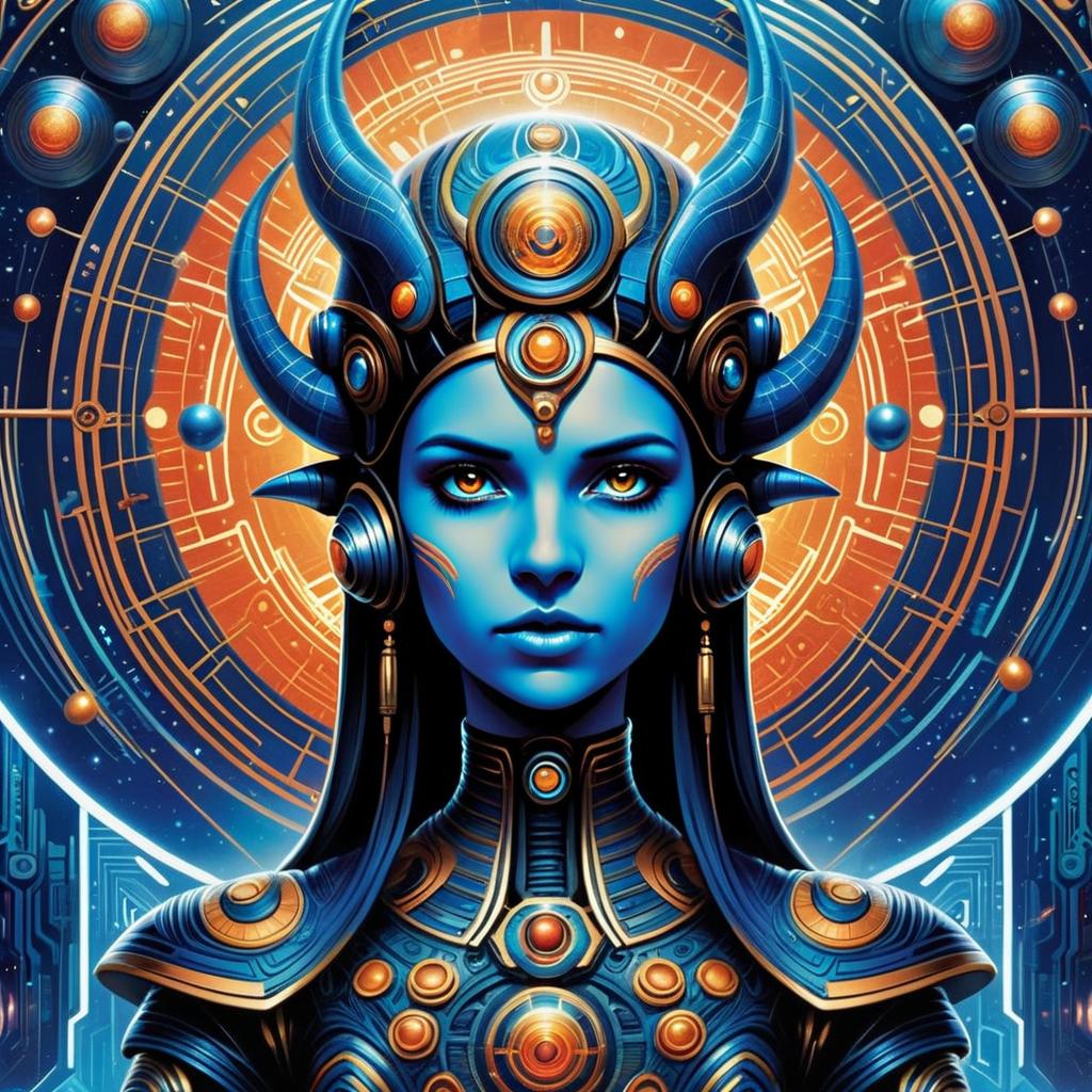 Futuristic Woman with Blue Skin in Cosmic Background
