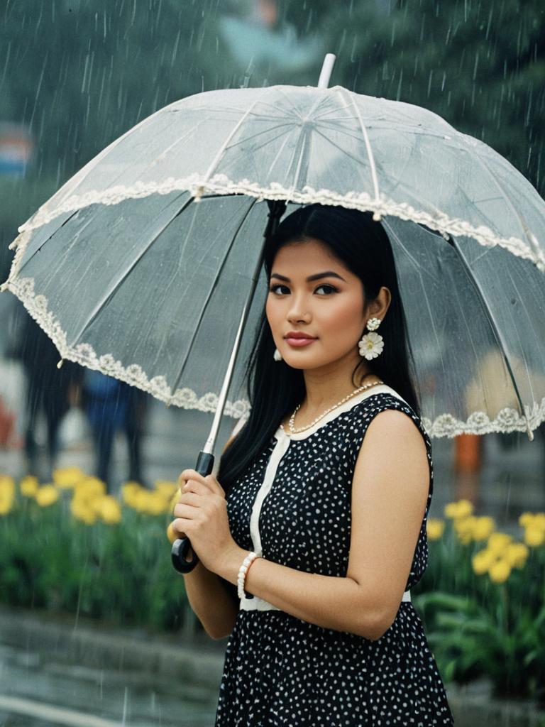 Elegant Woman with Lace Transparent Umbrella in Polka Dot Churidar Dress